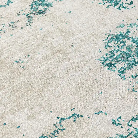 8' Teal Blue Ivory And Gray Round Abstract Washable Indoor Outdoor Area Rug Photo 8