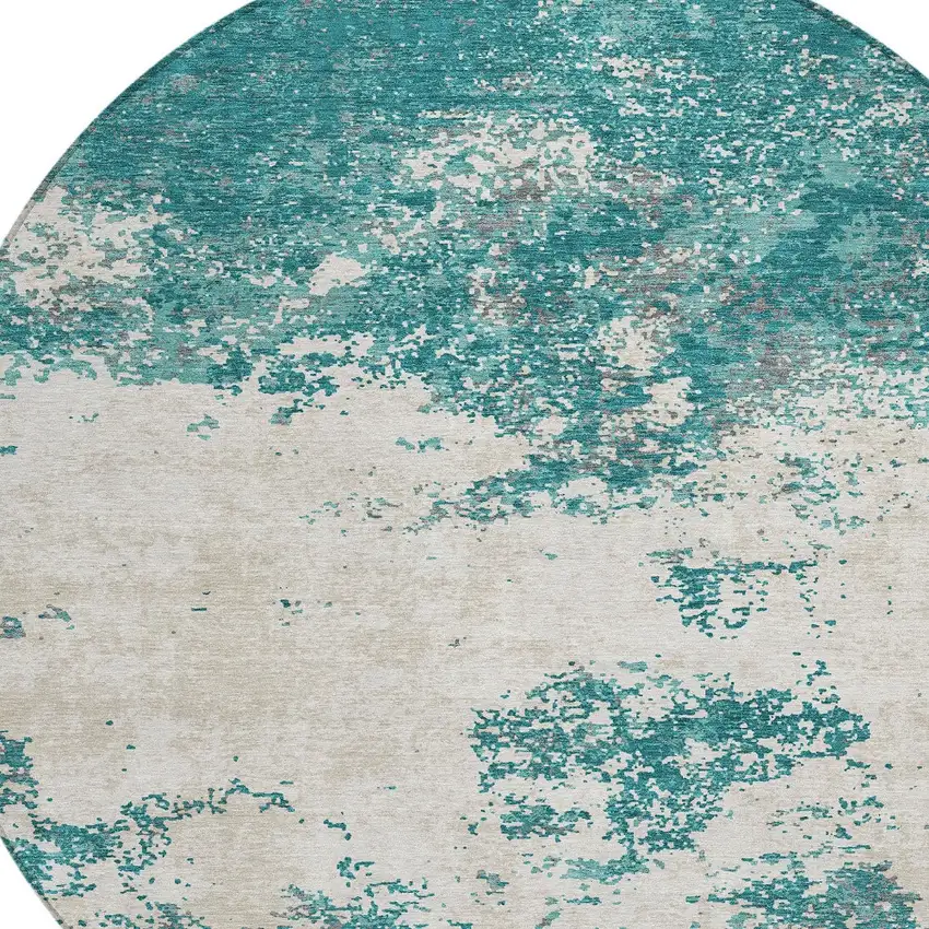 8' Teal Blue Ivory And Gray Round Abstract Washable Indoor Outdoor Area Rug Photo 4