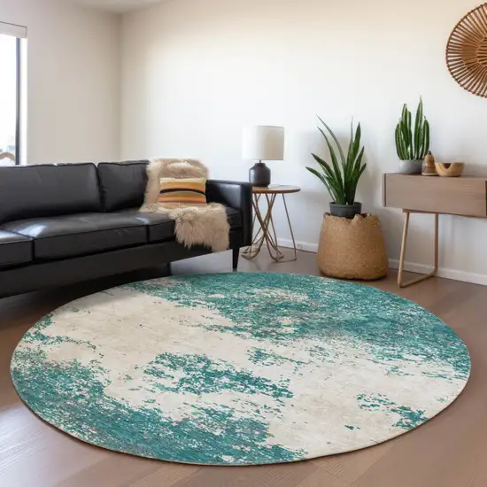 8' Teal Blue Ivory And Gray Round Abstract Washable Indoor Outdoor Area Rug Photo 7