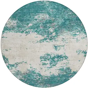 Photo of 8' Teal Blue Ivory And Gray Round Abstract Washable Indoor Outdoor Area Rug