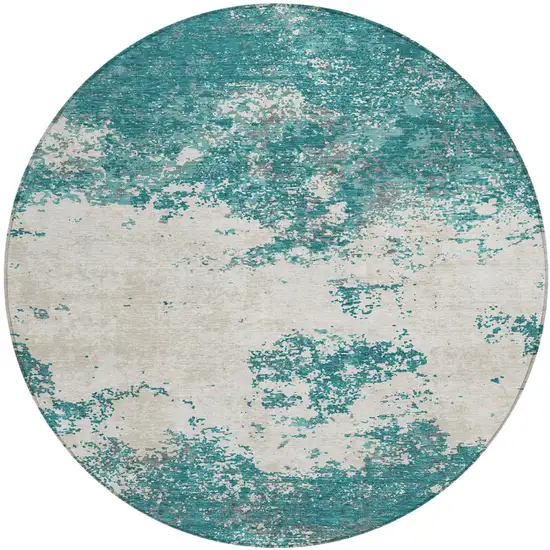 8' Teal Blue Ivory And Gray Round Abstract Washable Indoor Outdoor Area Rug Photo 2