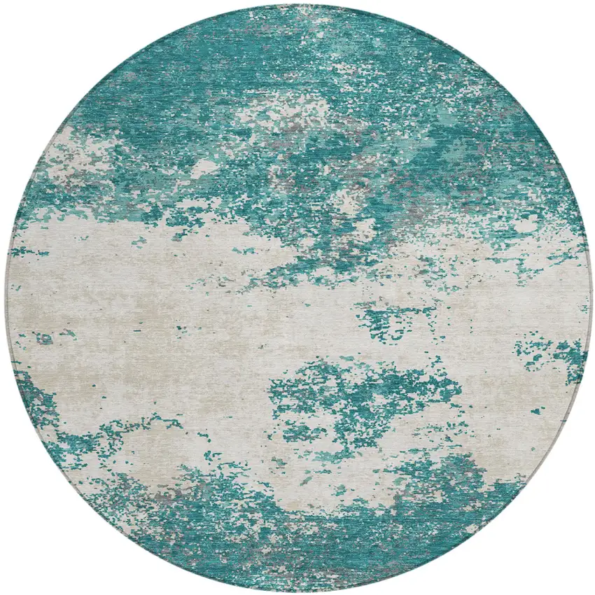 8' Teal Blue Ivory And Gray Round Abstract Washable Indoor Outdoor Area Rug Photo 2