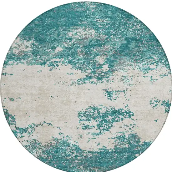 8' Teal Blue Ivory And Gray Round Abstract Washable Indoor Outdoor Area Rug Photo 5