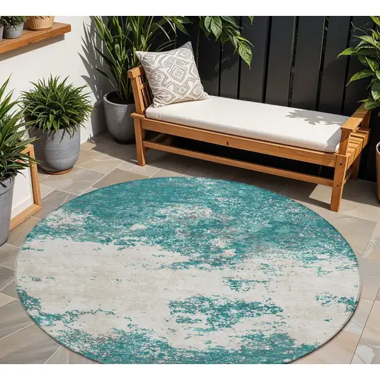 8' Teal Blue Ivory And Gray Round Abstract Washable Indoor Outdoor Area Rug Photo 1