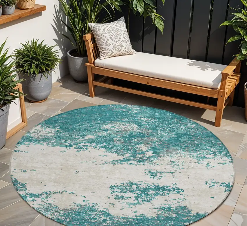 8' Teal Blue Ivory And Gray Round Abstract Washable Indoor Outdoor Area Rug Photo 1