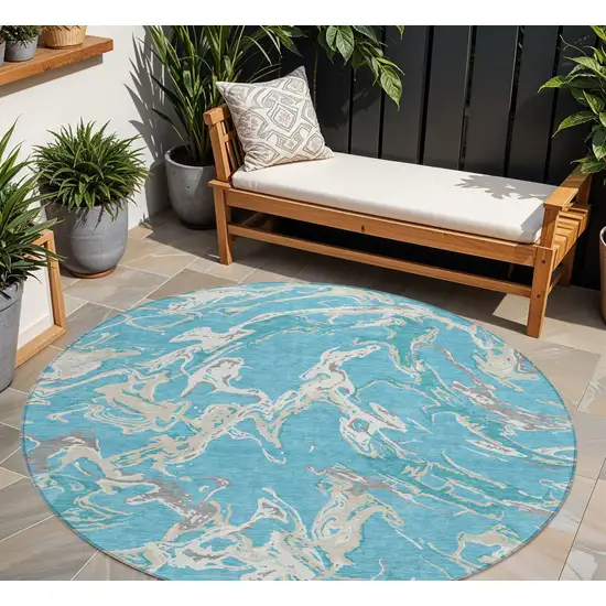 8' Teal Blue Ivory And Gray Round Abstract Washable Indoor Outdoor Area Rug Photo 1