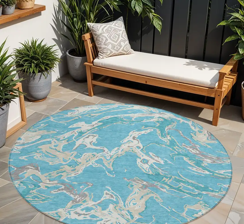8' Teal Blue Ivory And Gray Round Abstract Washable Indoor Outdoor Area Rug Photo 1