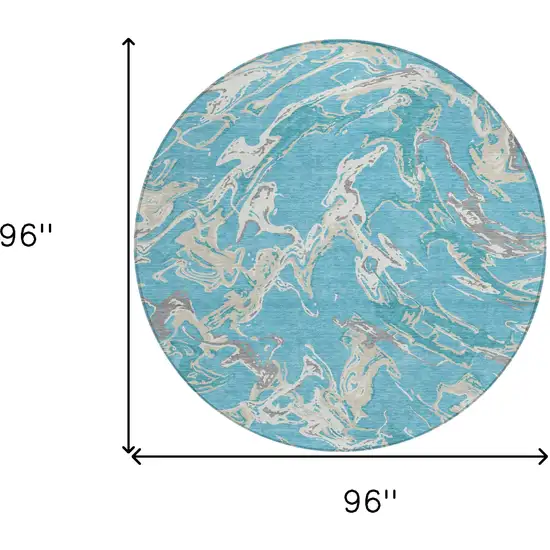 8' Teal Blue Ivory And Gray Round Abstract Washable Indoor Outdoor Area Rug Photo 3