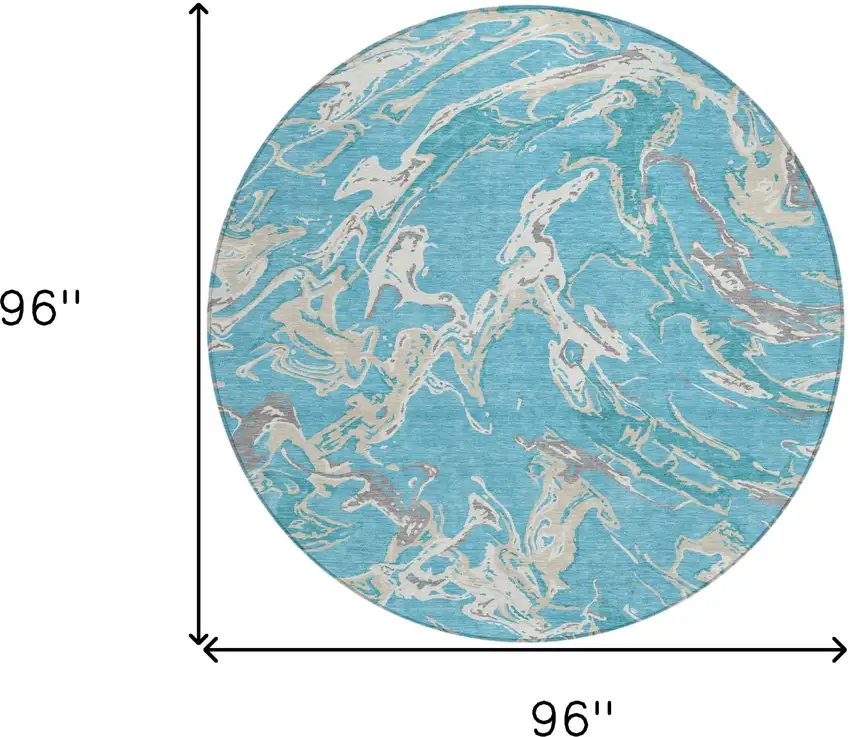 8' Teal Blue Ivory And Gray Round Abstract Washable Indoor Outdoor Area Rug Photo 3