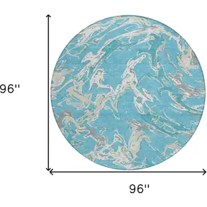 Photo of 8' Teal Blue Ivory And Gray Round Abstract Washable Indoor Outdoor Area Rug