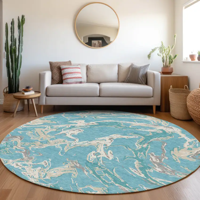 8' Teal Blue Ivory And Gray Round Abstract Washable Indoor Outdoor Area Rug Photo 8
