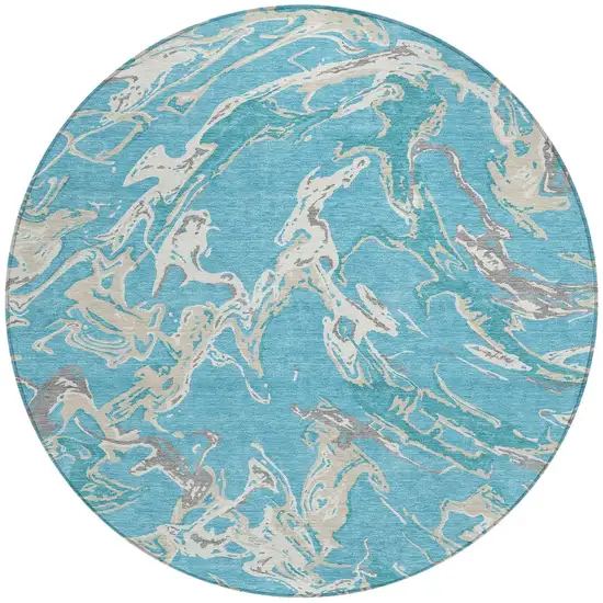 8' Teal Blue Ivory And Gray Round Abstract Washable Indoor Outdoor Area Rug Photo 6