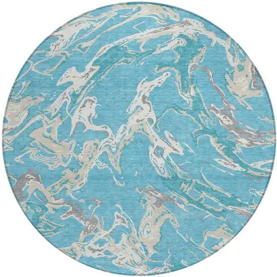 8' Teal Blue Ivory And Gray Round Abstract Washable Indoor Outdoor Area Rug Photo 2