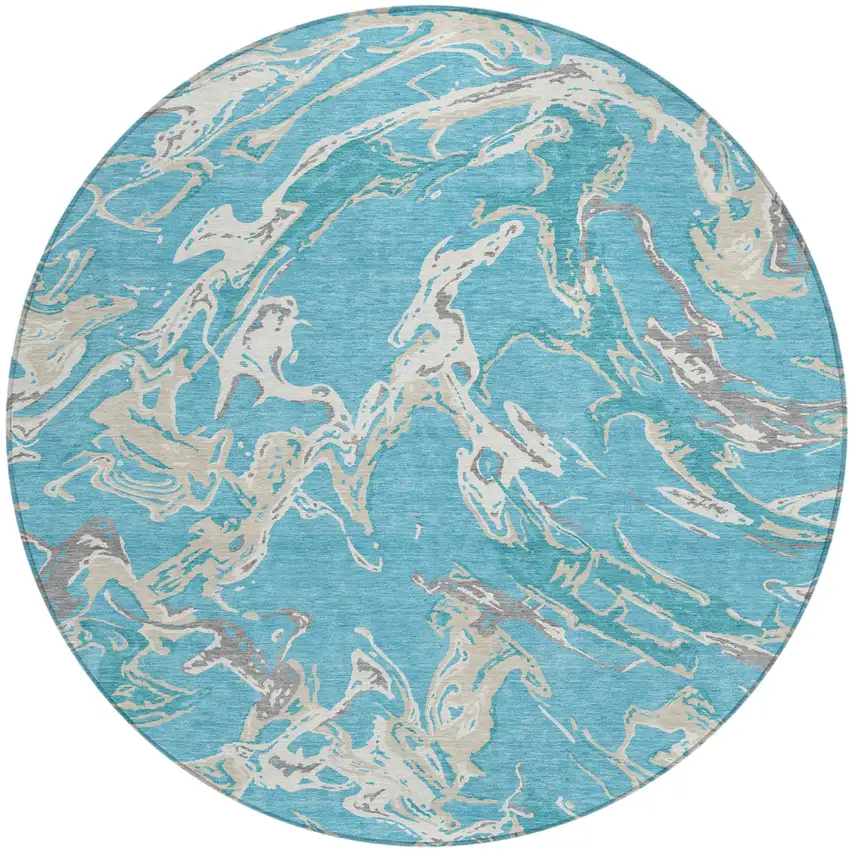 8' Teal Blue Ivory And Gray Round Abstract Washable Indoor Outdoor Area Rug Photo 2