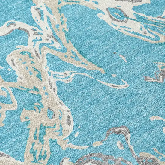 8' Teal Blue Ivory And Gray Round Abstract Washable Indoor Outdoor Area Rug Photo 4