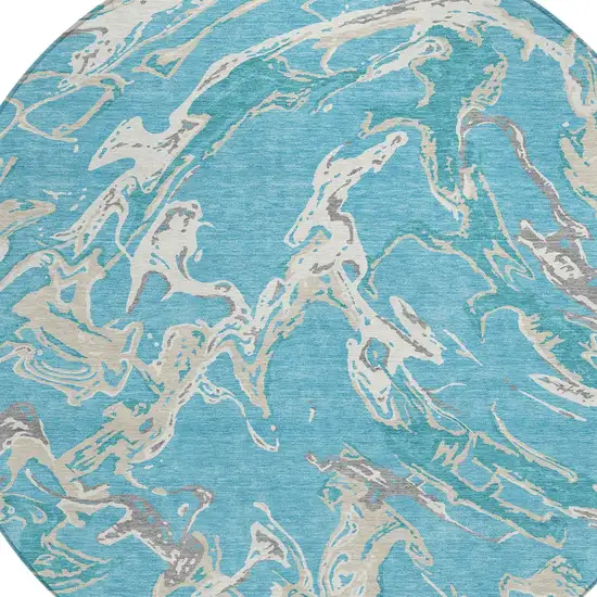 8' Teal Blue Ivory And Gray Round Abstract Washable Indoor Outdoor Area Rug Photo 5