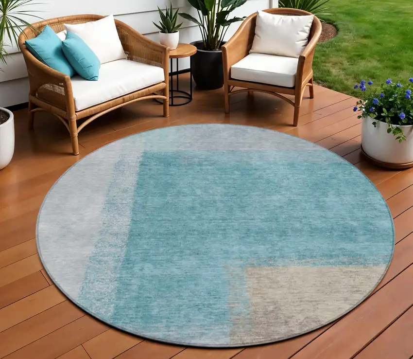 8' Teal Blue Ivory And Gray Round Abstract Washable Indoor Outdoor Area Rug Photo 1