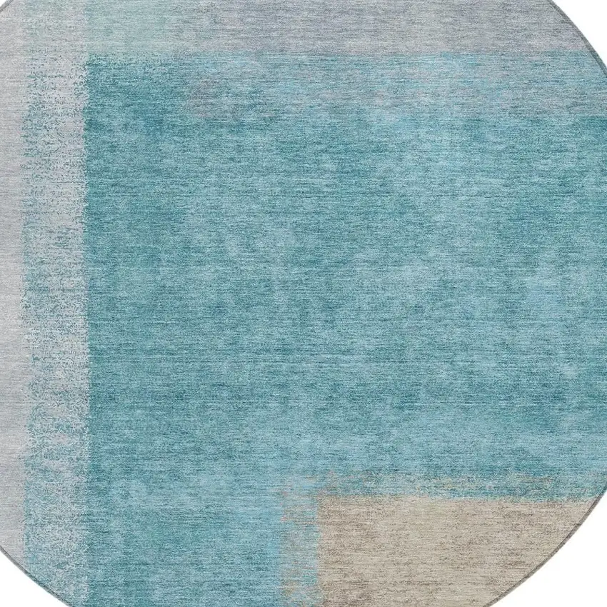 8' Teal Blue Ivory And Gray Round Abstract Washable Indoor Outdoor Area Rug Photo 7