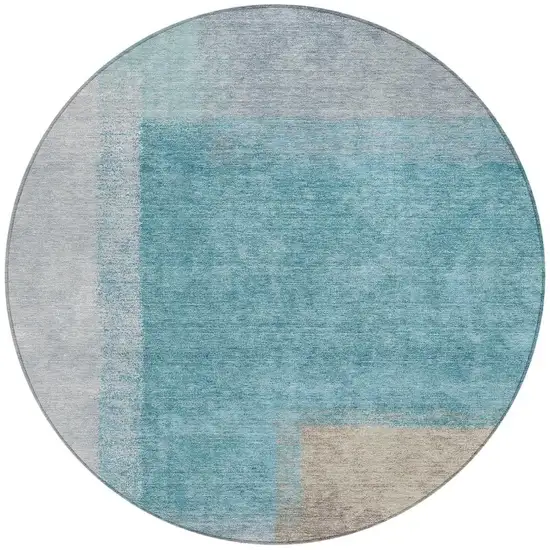 8' Teal Blue Ivory And Gray Round Abstract Washable Indoor Outdoor Area Rug Photo 4
