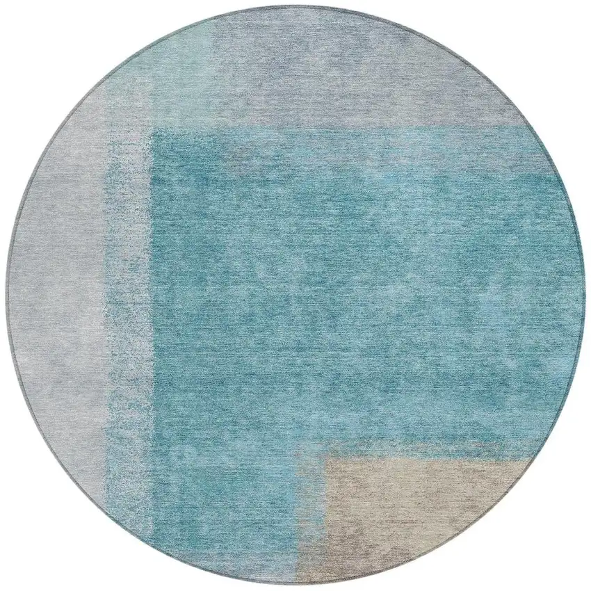 8' Teal Blue Ivory And Gray Round Abstract Washable Indoor Outdoor Area Rug Photo 4