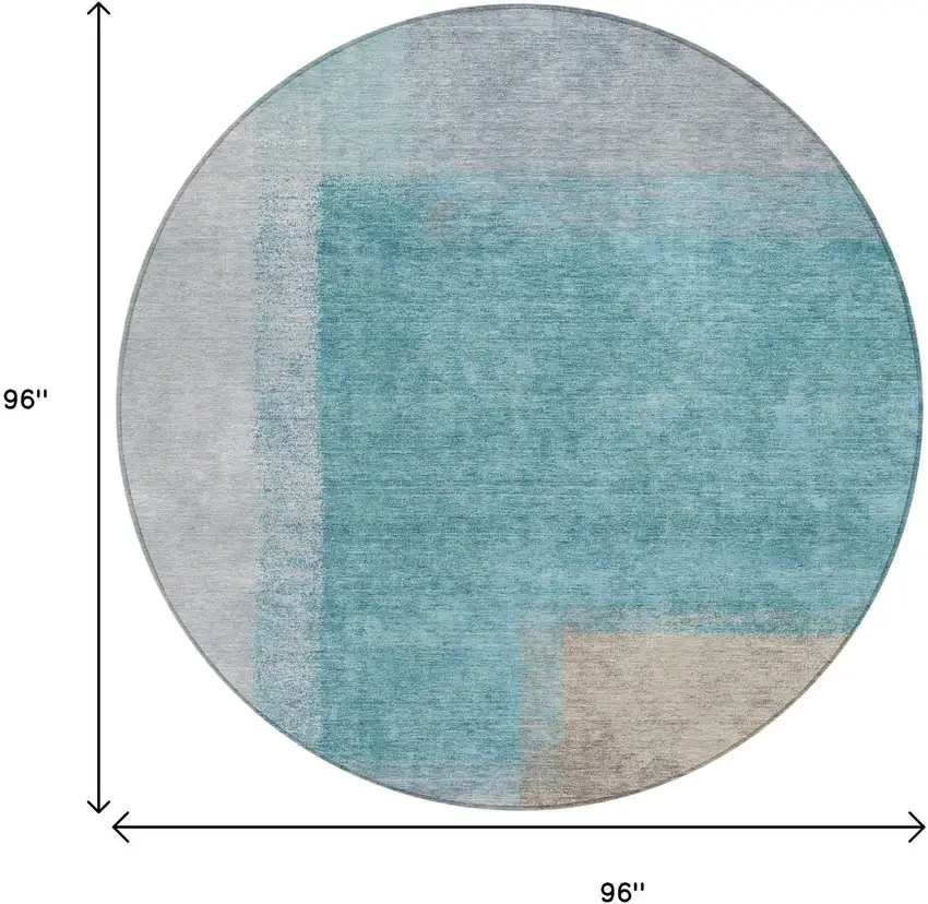 8' Teal Blue Ivory And Gray Round Abstract Washable Indoor Outdoor Area Rug Photo 3