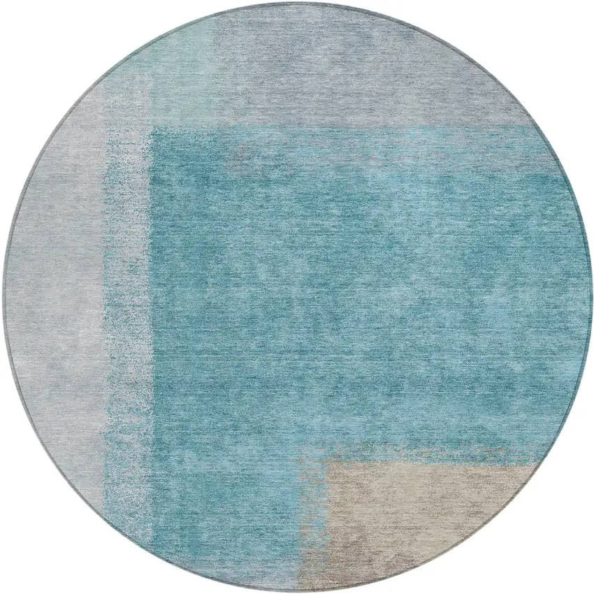 8' Teal Blue Ivory And Gray Round Abstract Washable Indoor Outdoor Area Rug Photo 2