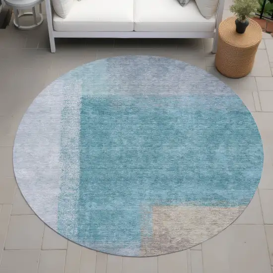 8' Teal Blue Ivory And Gray Round Abstract Washable Indoor Outdoor Area Rug Photo 8