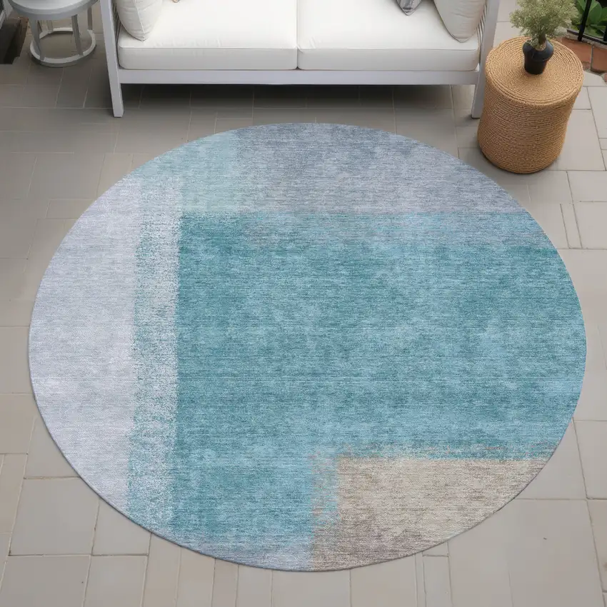 8' Teal Blue Ivory And Gray Round Abstract Washable Indoor Outdoor Area Rug Photo 8