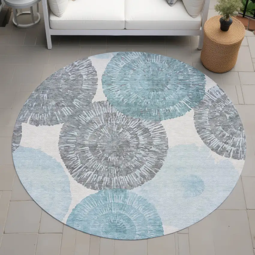 8' Teal Blue Ivory And Gray Round Abstract Washable Indoor Outdoor Area Rug Photo 9