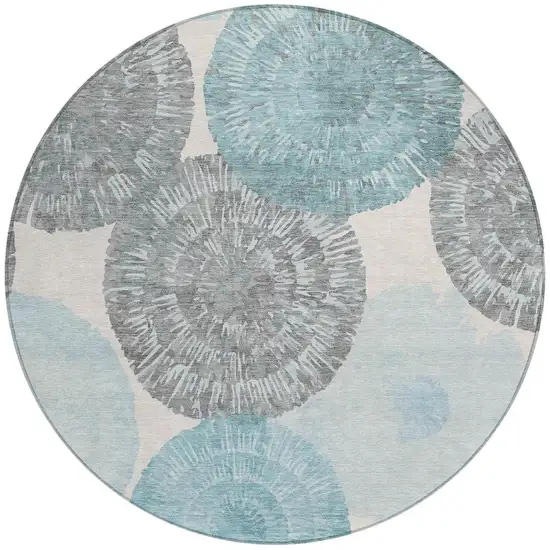 8' Teal Blue Ivory And Gray Round Abstract Washable Indoor Outdoor Area Rug Photo 4