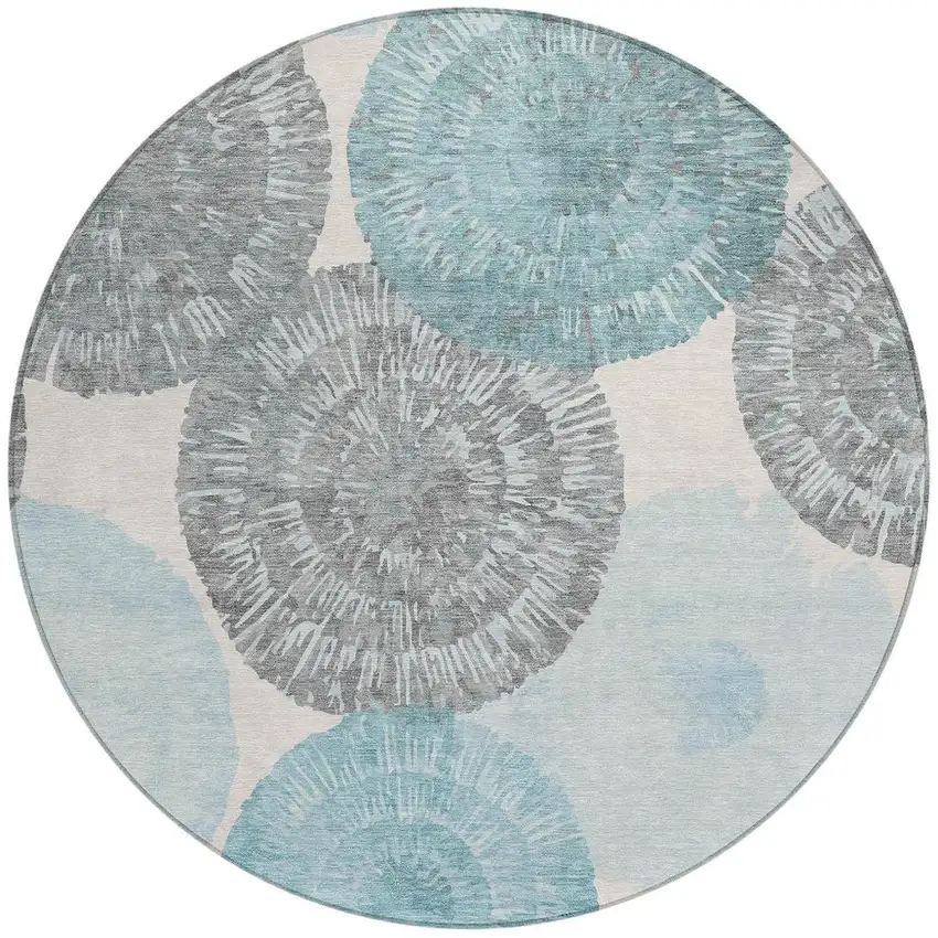 8' Teal Blue Ivory And Gray Round Abstract Washable Indoor Outdoor Area Rug Photo 4