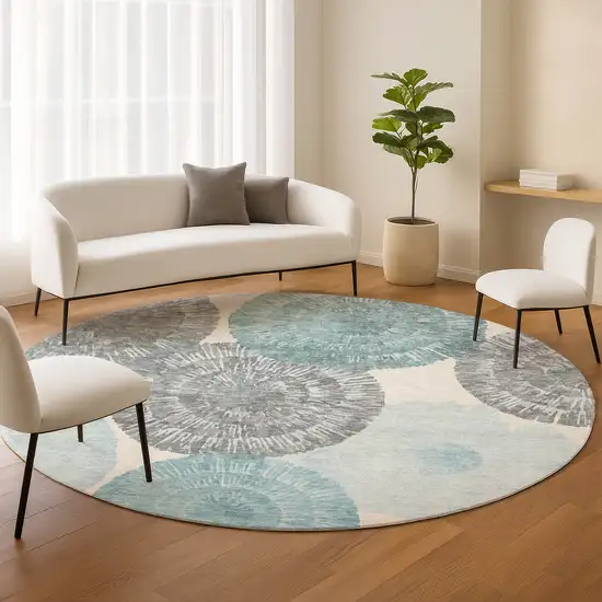 8' Teal Blue Ivory And Gray Round Abstract Washable Indoor Outdoor Area Rug Photo 9