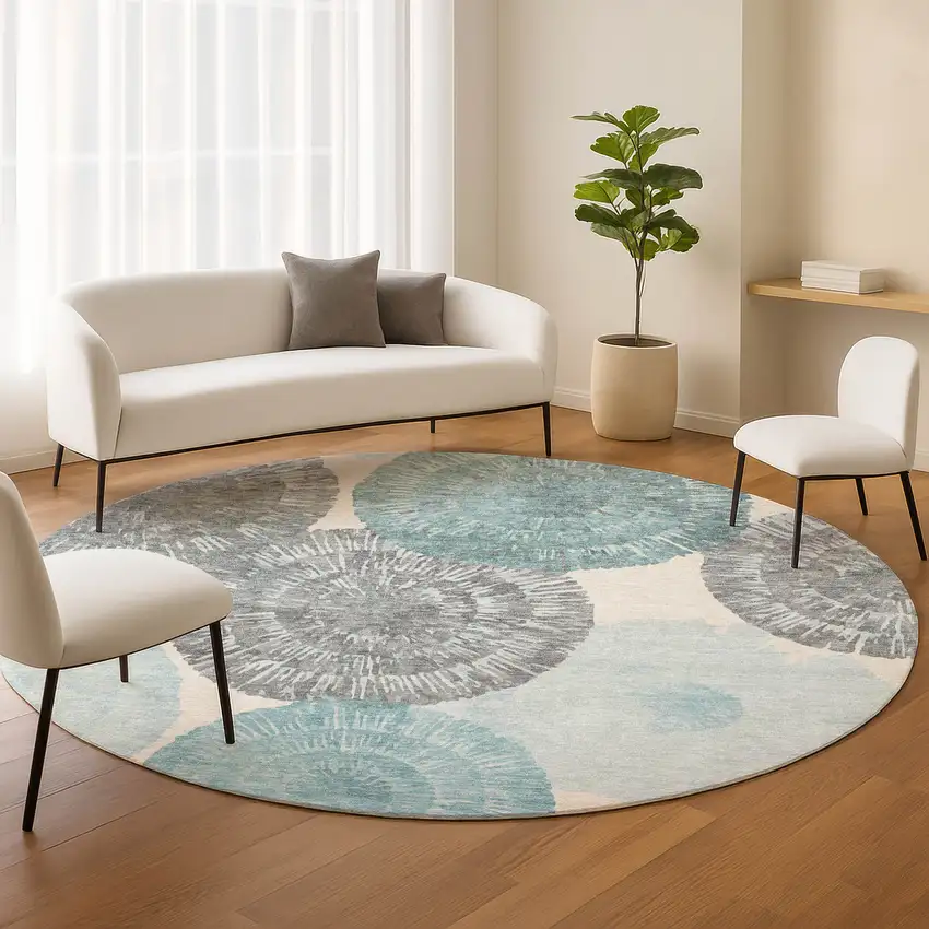 8' Teal Blue Ivory And Gray Round Abstract Washable Indoor Outdoor Area Rug Photo 9