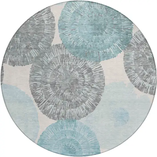 8' Teal Blue Ivory And Gray Round Abstract Washable Indoor Outdoor Area Rug Photo 2