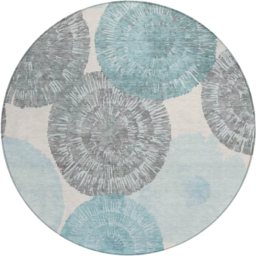 8' Teal Blue Ivory And Gray Round Abstract Washable Indoor Outdoor Area Rug Photo 2