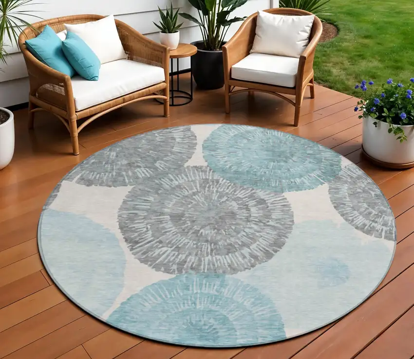 8' Teal Blue Ivory And Gray Round Abstract Washable Indoor Outdoor Area Rug Photo 1