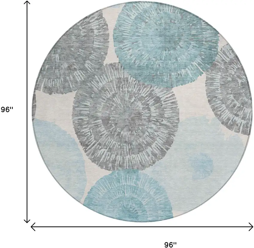 8' Teal Blue Ivory And Gray Round Abstract Washable Indoor Outdoor Area Rug Photo 3