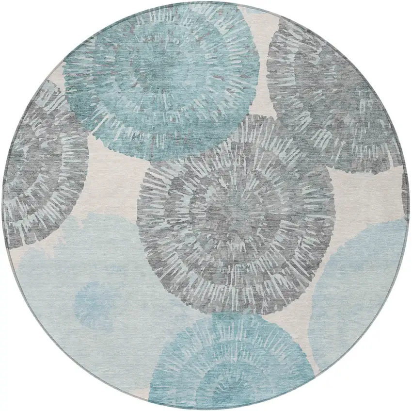 8' Teal Blue Ivory And Gray Round Abstract Washable Indoor Outdoor Area Rug Photo 5
