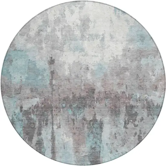 8' Teal Blue Ivory And Gray Round Abstract Washable Indoor Outdoor Area Rug Photo 2