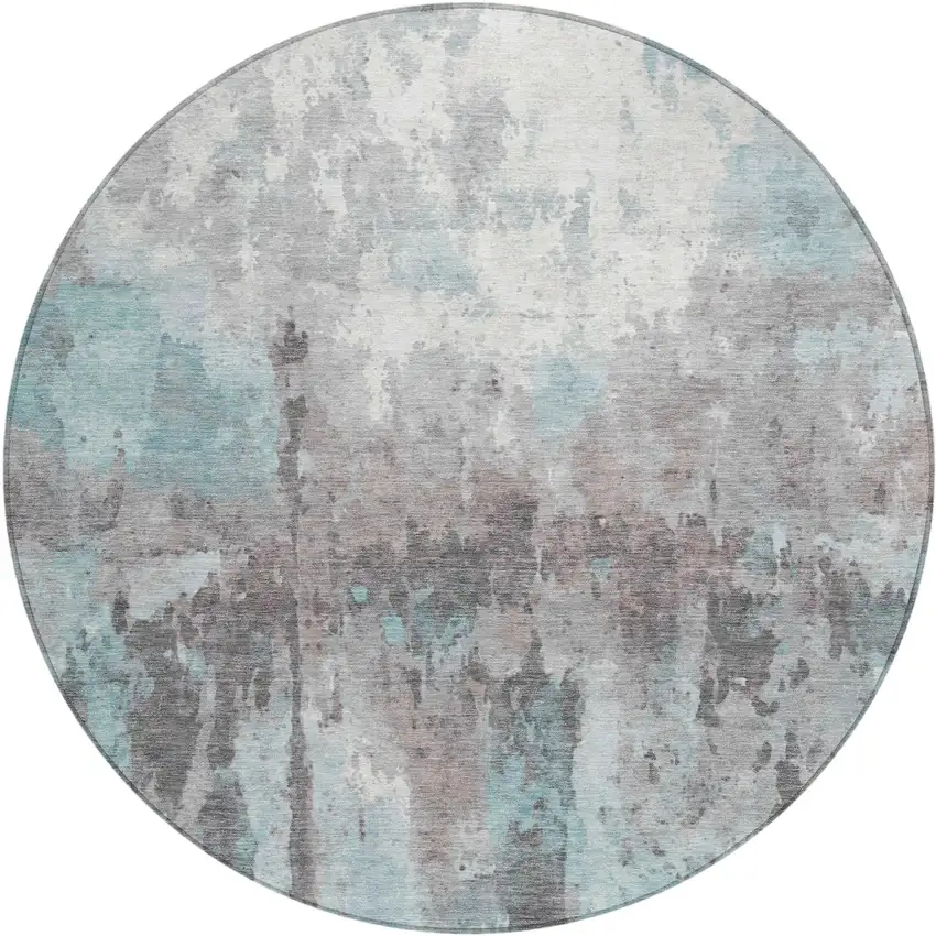 8' Teal Blue Ivory And Gray Round Abstract Washable Indoor Outdoor Area Rug Photo 2
