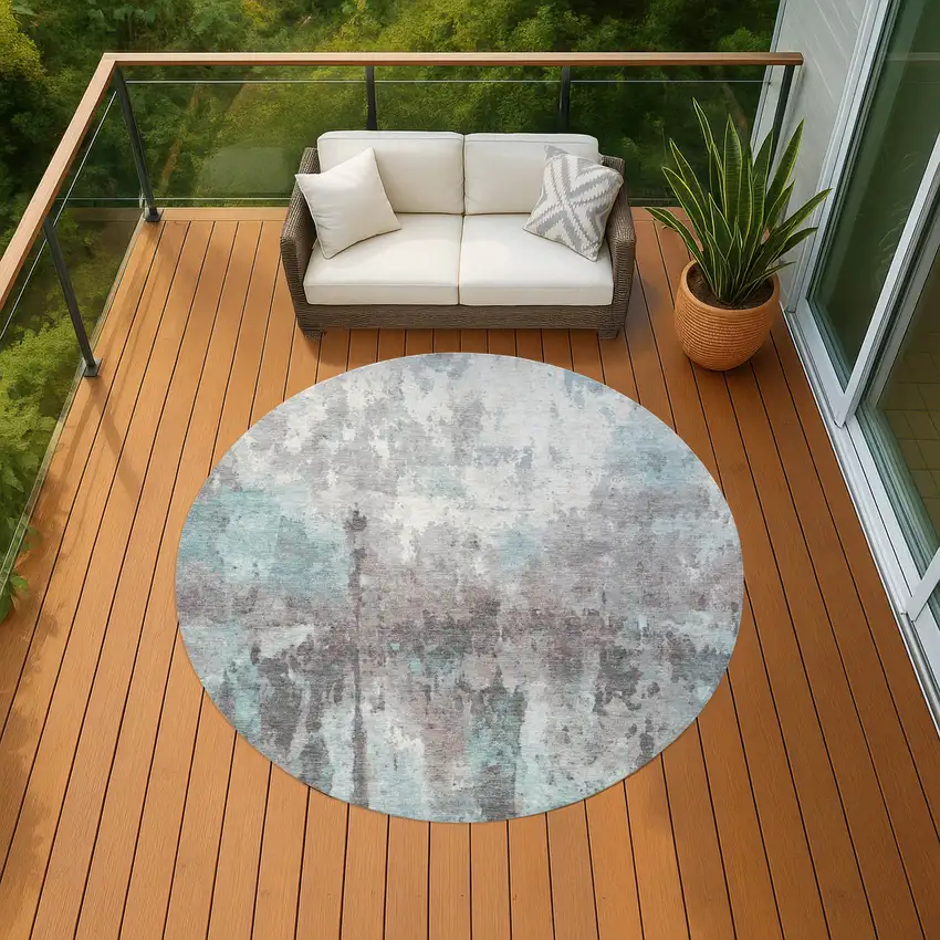 8' Teal Blue Ivory And Gray Round Abstract Washable Indoor Outdoor Area Rug Photo 9