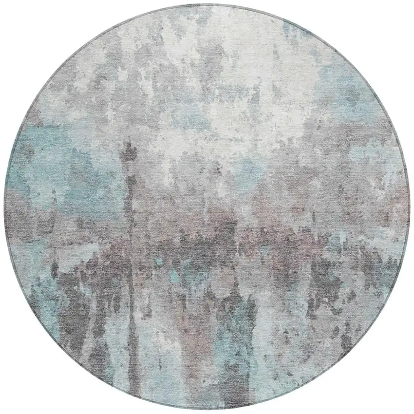 8' Teal Blue Ivory And Gray Round Abstract Washable Indoor Outdoor Area Rug Photo 4