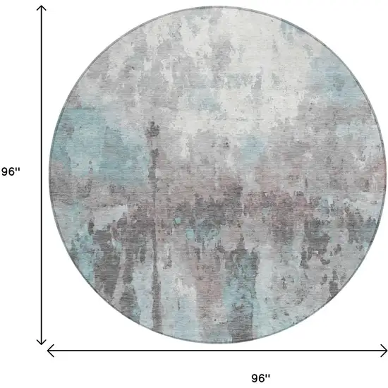 8' Teal Blue Ivory And Gray Round Abstract Washable Indoor Outdoor Area Rug Photo 3
