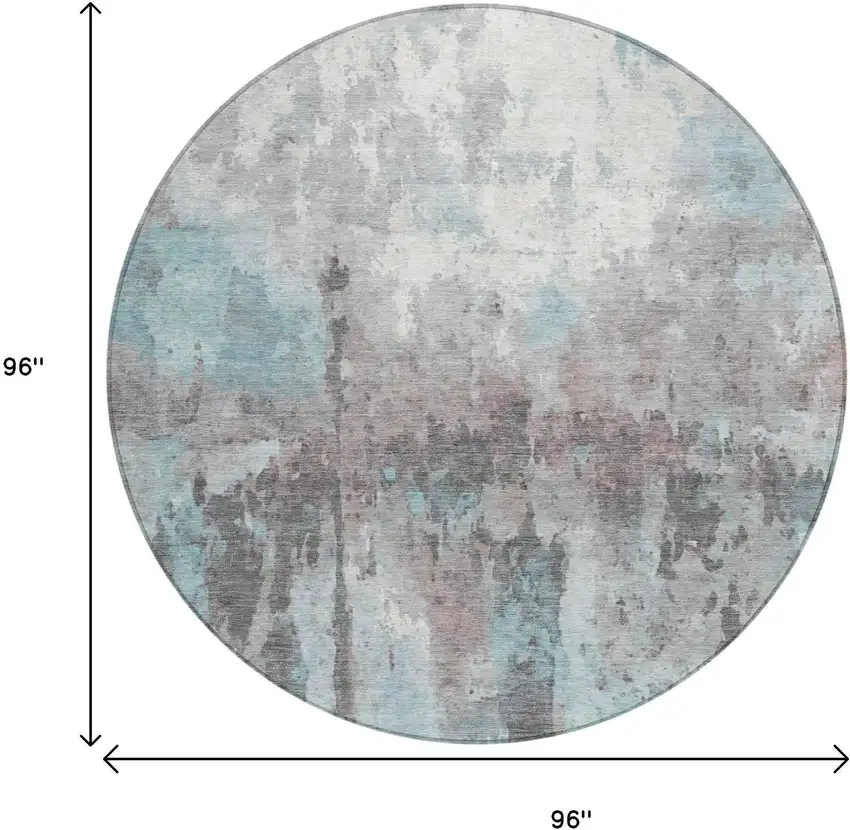 8' Teal Blue Ivory And Gray Round Abstract Washable Indoor Outdoor Area Rug Photo 3