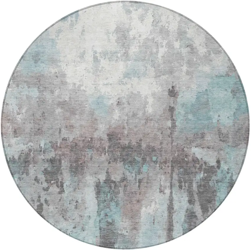 8' Teal Blue Ivory And Gray Round Abstract Washable Indoor Outdoor Area Rug Photo 5