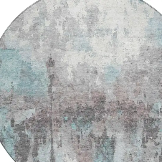 8' Teal Blue Ivory And Gray Round Abstract Washable Indoor Outdoor Area Rug Photo 8