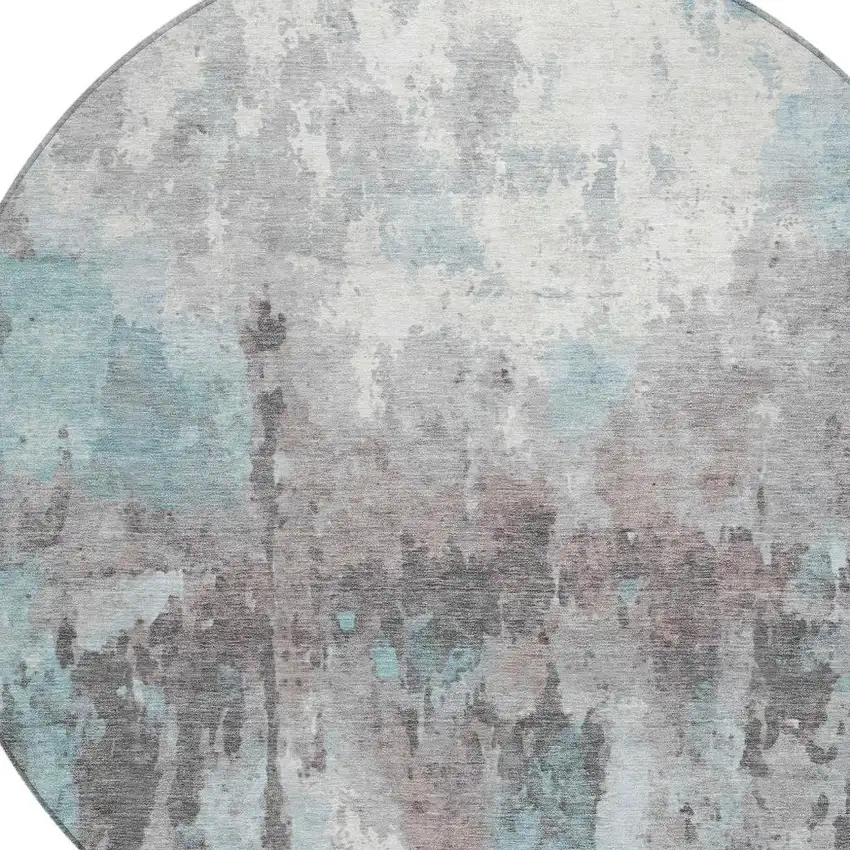 8' Teal Blue Ivory And Gray Round Abstract Washable Indoor Outdoor Area Rug Photo 8