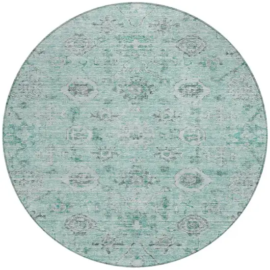 8' Teal Blue Ivory And Gray Round Damask Washable Indoor Outdoor Area Rug Photo 6