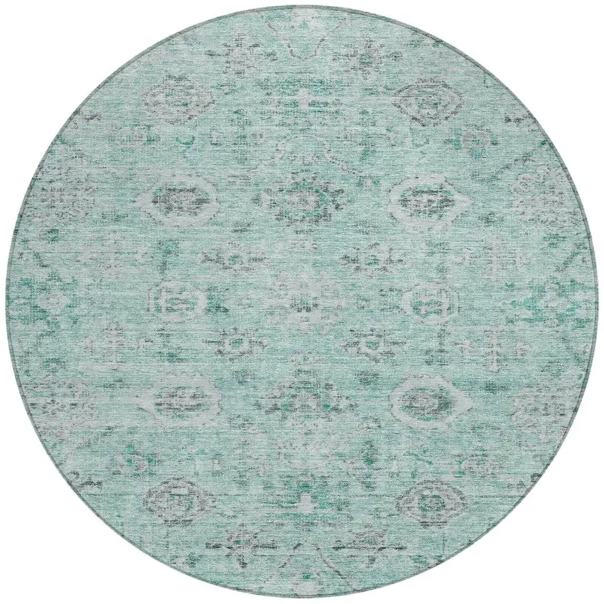 8' Teal Blue Ivory And Gray Round Damask Washable Indoor Outdoor Area Rug Photo 6
