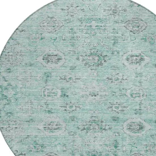 8' Teal Blue Ivory And Gray Round Damask Washable Indoor Outdoor Area Rug Photo 5